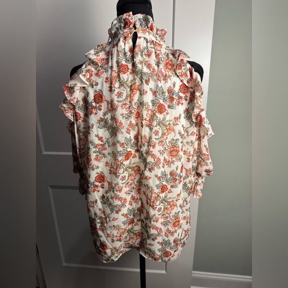 MAX STUDIO Floral Cold-Shoulder Top ruffled high neck  puff sleeves - Picture 9 of 9